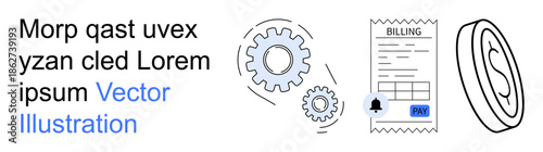 Automation, fintech, billing systems, financial transactions, business processes, payment management. Gears, invoice and currency symbol. Automation and fintech reflected in the image