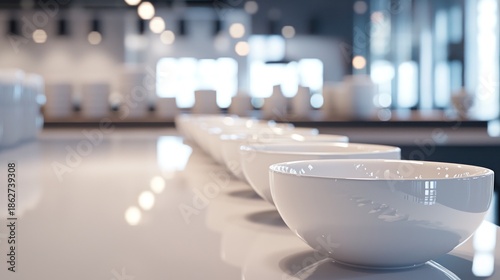 White bowls on table in bright interior