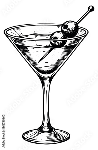 Hand drawn line art illustration of a martini glass depicting a classic cocktail with olives for bar menus