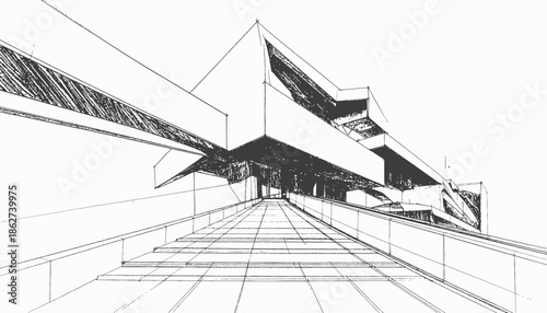 Black and white architectural sketch of a modern building with geometric forms and perspectives