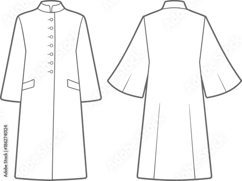 Women buttoned long coat technical flat vector illustration front and back view cad drawing apparel design template fashion garment specification