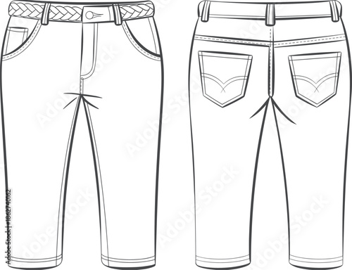 Women denim jeans flat vector illustration, front and back view casual pants with belt waistband CAD drawing technical apparel design