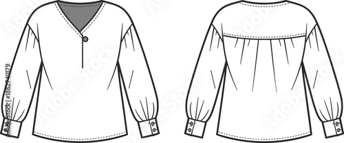 Women casual blouse technical flat vector illustration, front and back view long sleeve V neck top CAD fashion line art