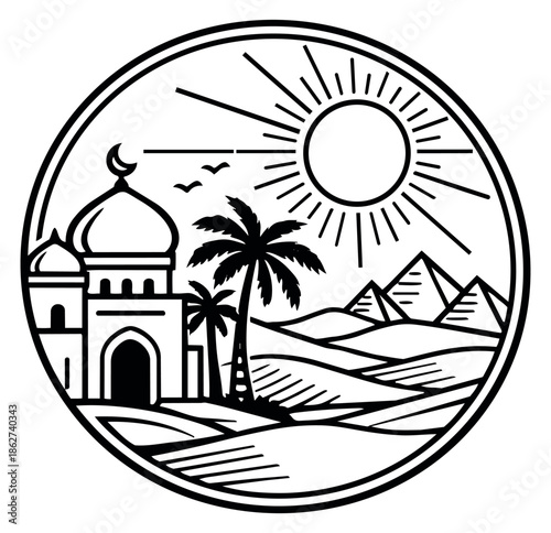 Hand drawn illustration of an egyptian desert scene depicting a mosque, pyramids, palm trees and sun for travel and tourism