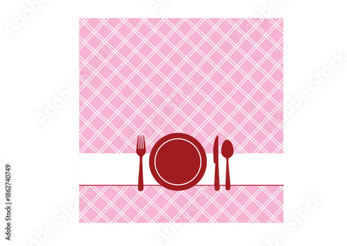 Pink Gingham Picnic and Dining Graphic, featuring a pink and white checkered (gingham) background with a central silhouette of a red plate, fork, knife, and spoon. Ideal for food blogs, invitations,