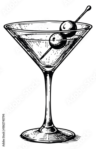 Hand drawn line art illustration of a martini glass depicting a classic cocktail with two olives for bar and party themes