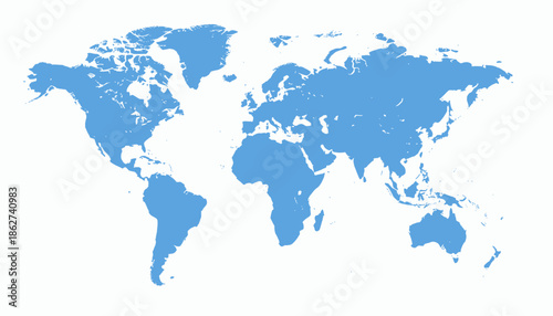 Simplified, flat blue map of Earth continents on white background, devoid of labels