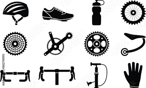 Cycling and bicycle equipment icon set featuring helmet shoes gears pump saddle water bottle gloves flat black vector illustration