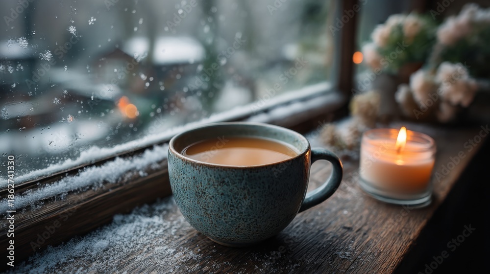 Fototapeta premium Warm cup of tea by the window with a candle during a snowy winter afternoon