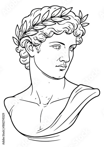 Hand drawn line art illustration of a classical bust depicting a man wearing a laurel wreath for ancient history themes