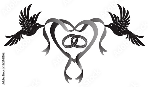 Ribbon and Bird with a pair of rings on a white background. Gift card for Valentine's Day.