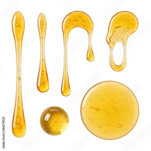 Viscous golden-yellow liquid formations, perfect spherical drop, and clear pool, glistening on a brilliant white studio background. Commercial food display
