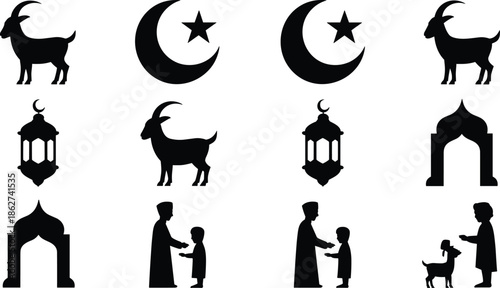 Islamic Eid al-Adha silhouette icon set featuring goat sacrifice crescent moon lantern mosque charity figures black vector symbols