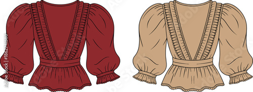 Women peplum blouse technical flat vector illustration, V neck ruffle detail long sleeve top CAD fashion design line art