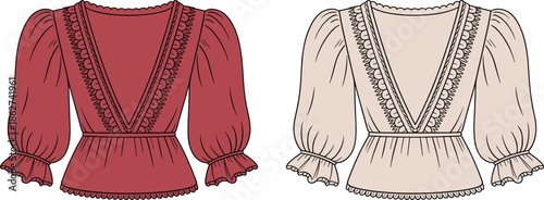 Women ruffle wrap blouse technical flat vector illustration, V neck long sleeve top CAD fashion design line art template