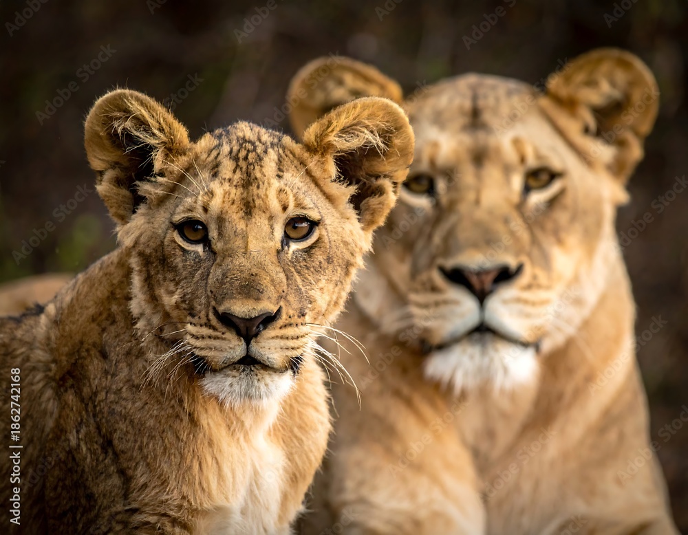 Obraz premium A lioness and cub gaze intensely at the viewer