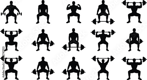 Weightlifting squat exercise silhouette icon set showing barbell strength training fitness workout poses bodybuilding flat vector illustration