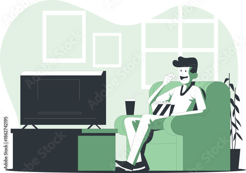A man relaxing on a couch in a living room with a television and a cup