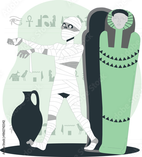 Mummy standing beside ancient sarcophagus with ritualistic vase in an Egyptian tomb illustration