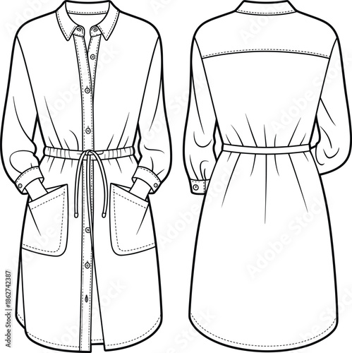 Women shirt dress, front back view, technical fashion flat vector illustration for apparel design, tailoring use, cad drawing vector illustration