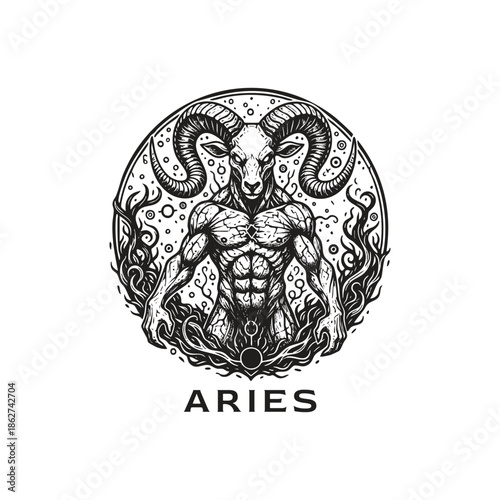 Powerful Aries zodiac illustration featuring a muscular ram warrior character in dark engraving style.