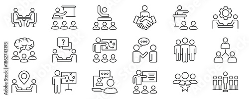 Meeting line icon set. Business conference, planning, and presentation. Team discussion, conversation, and collaboration. Outline vector pictogram for office communication.