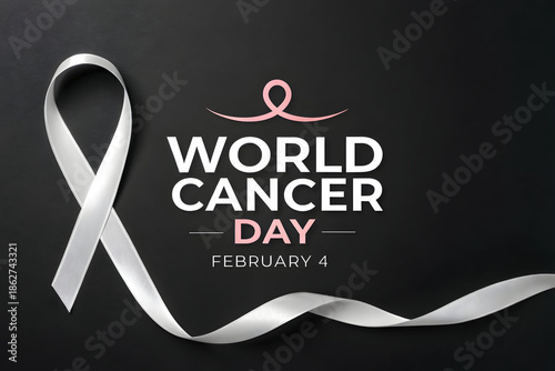 World Cancer Day awareness design with ribbon on dark background, medical campaign illustration, February 4.