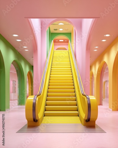 Vibrant yellow escalator in a pastel-colored hall