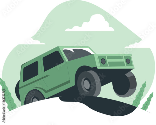 A green off-road vehicle navigating a rugged terrain with hills and plants