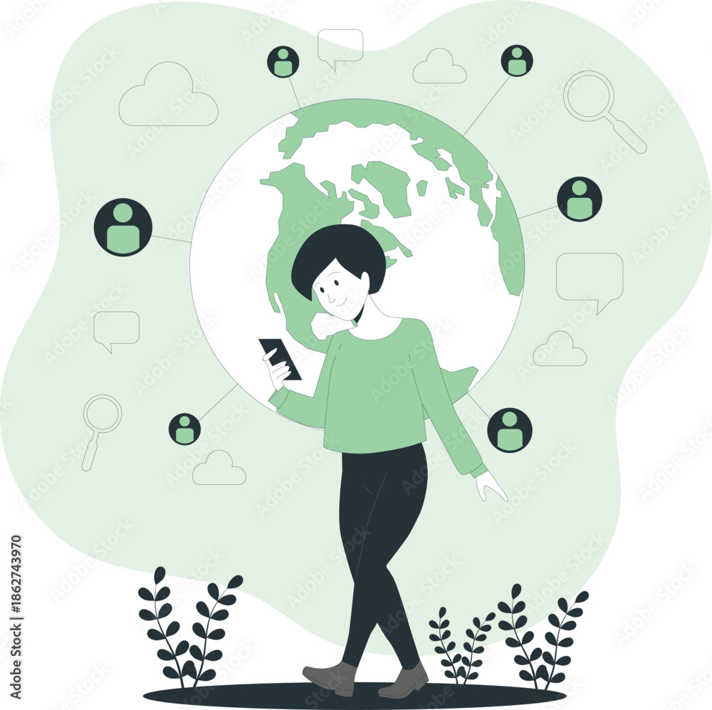 Fototapeta premium A woman interacting with a global network on her mobile device outdoors