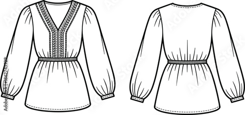Vector illustration of women's boho blouse with long sleeves, v-neck, and embroidery, front and back technical fashion flat sketch template. (20 words)