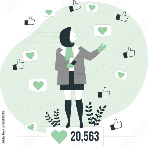 A woman surrounded by social media icons and likes