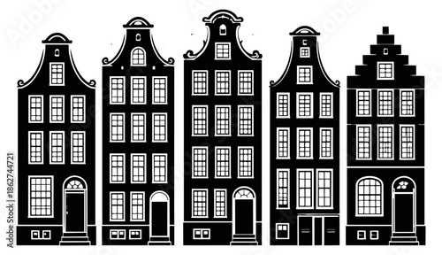 Graphic city buildings set featuring traditional Dutch canal house facades for European city design