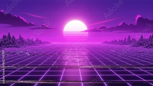 Retro Futuristic Landscape with Purple Sunset Grid Vibrant Digital Art. Concept featuring retro, futuristic, landscape, sunset, purple.