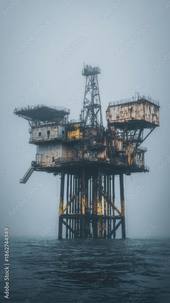 Obraz premium A rusted offshore oil rig on tall stilts rising from the sea, with peeling yellow paint and a foggy sky. Concept Rusted Offshore Oil Rig, Foggy Seascape, Peeling Yellow Paint, Industrial Decay