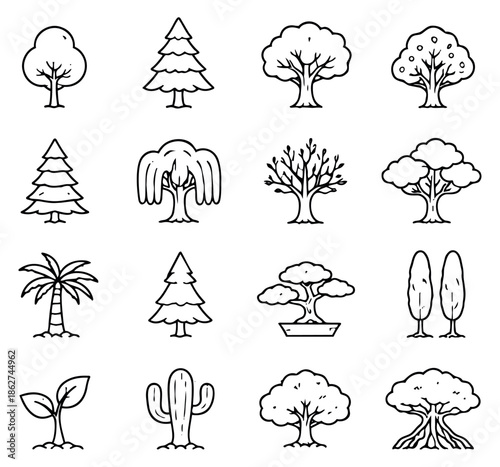 Hand drawn line art tree icons set featuring various stylized natural plants for environmental and outdoor concepts