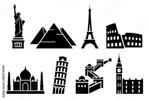 Popular world landmarks for tourist travel icon set, black silhouette isolated on white. Minimalist stencil style. Vector and png clipart, famous sights of different countries, graphic and web design.