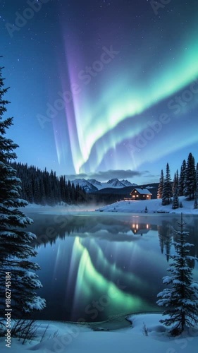 Peaceful arctic winter scene with northern lights 