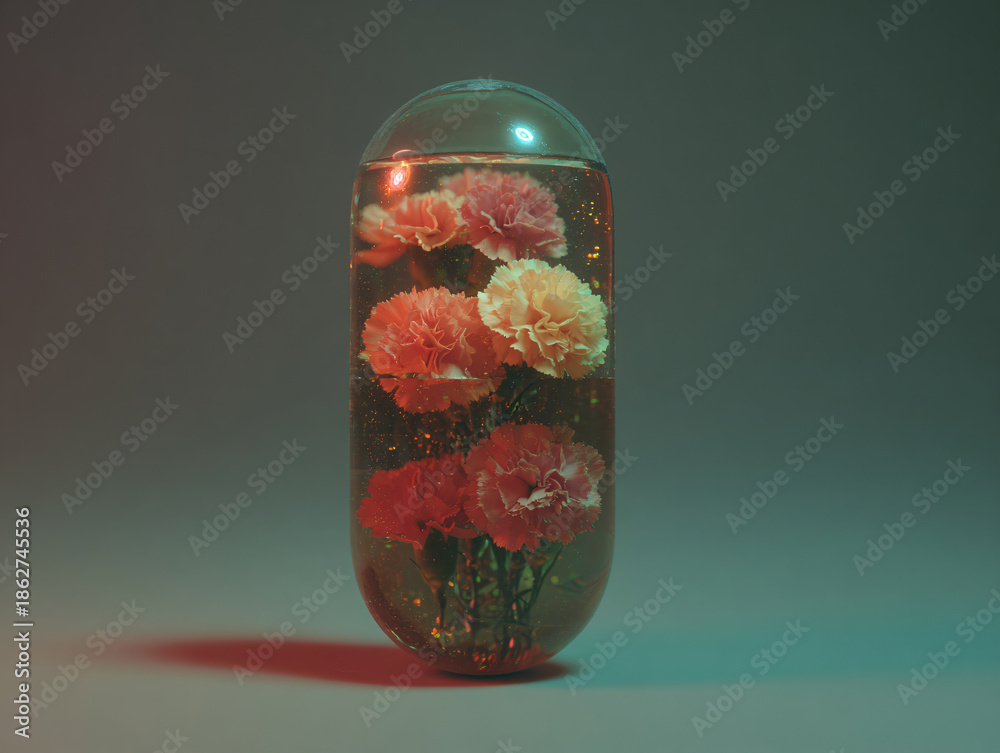 Obraz premium a transparent capsule containing several pink carnation flowers and small green plants, creating a miniature floral scene. The capsule is filled with a small amount of glittery liquid, adding a sparkl