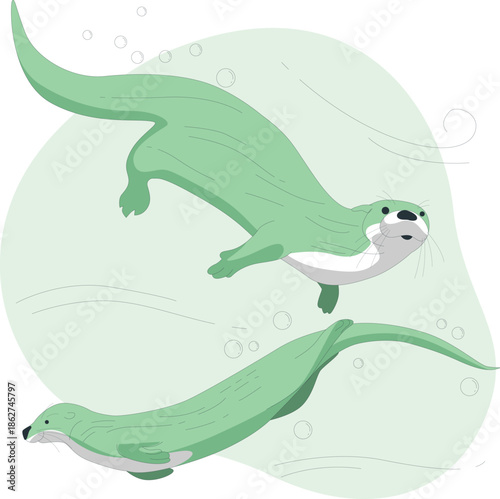 Two otters swimming in the water, playful and joyful, depicted in a simple illustration style.