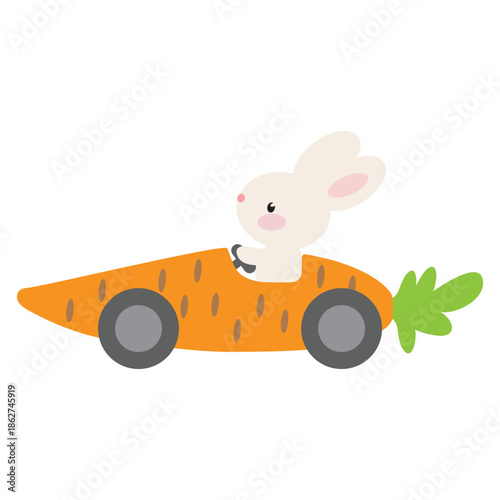 Cute Easter bunny in carrot car vector cartoon illustration