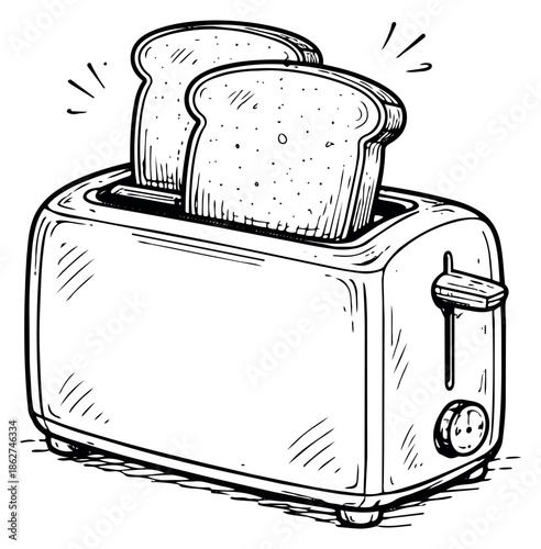 Hand drawn line art illustration of a toaster depicting two slices of toast popping out for breakfast