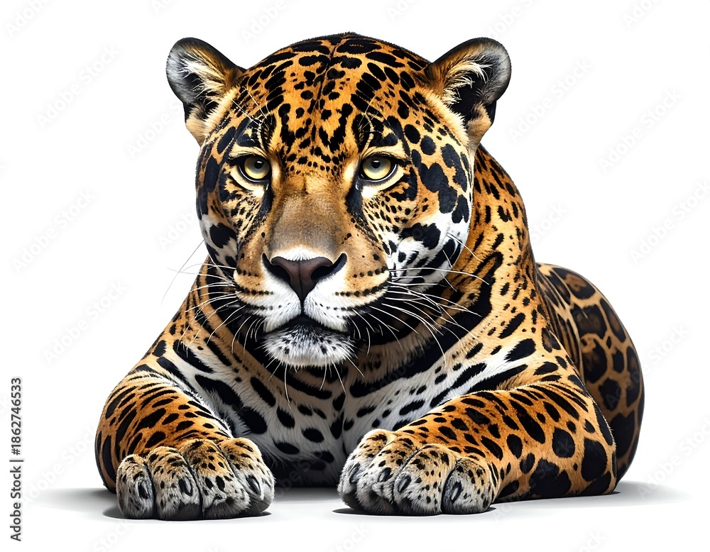 Obraz premium A majestic jaguar with a captivating gaze, resting on a white background