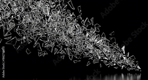 Sharp broken glass shards scattering diagonally against a reflec