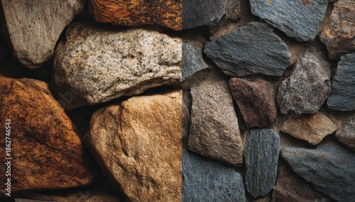 Close-up of a stone wall, contrasting colors