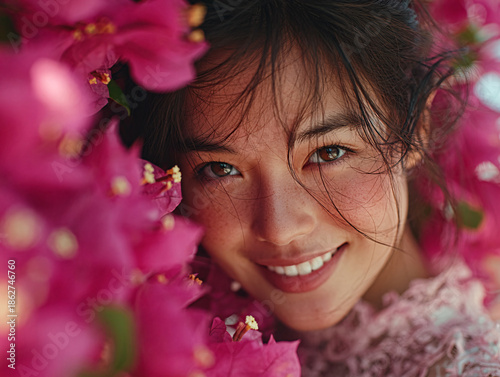 woman wearing a flowing, floral-patterned pink dress, standing against a blue sky with the sun shining brightly in the background.