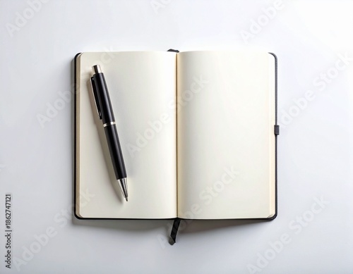 Top-down view of an open blank notebook with a black pen resting on a white background