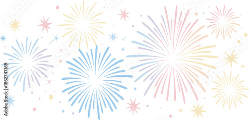 Hand drawn pastel firework display with soft blue pink and yellow starbursts and festive sparkles