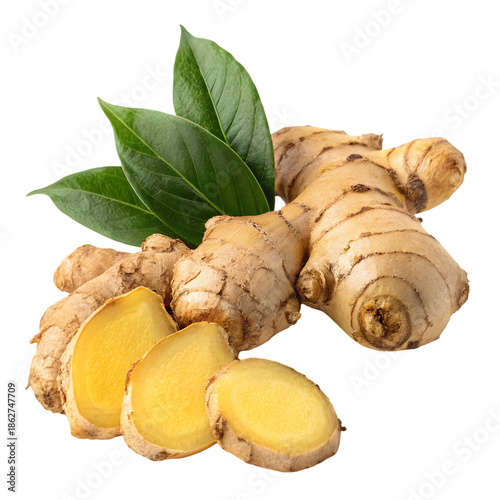 Organic Ginger Root: Freshly Sliced Rhizome with Leaves for Culinary & Wellness Uses on transparent background