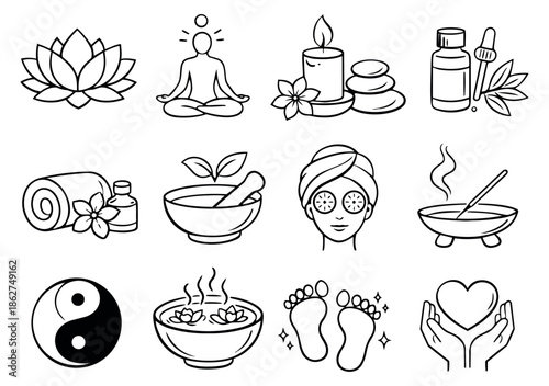 Hand drawn line art spa and wellness icons set featuring lotus flowers, meditation, and natural remedies for relaxation and holistic health